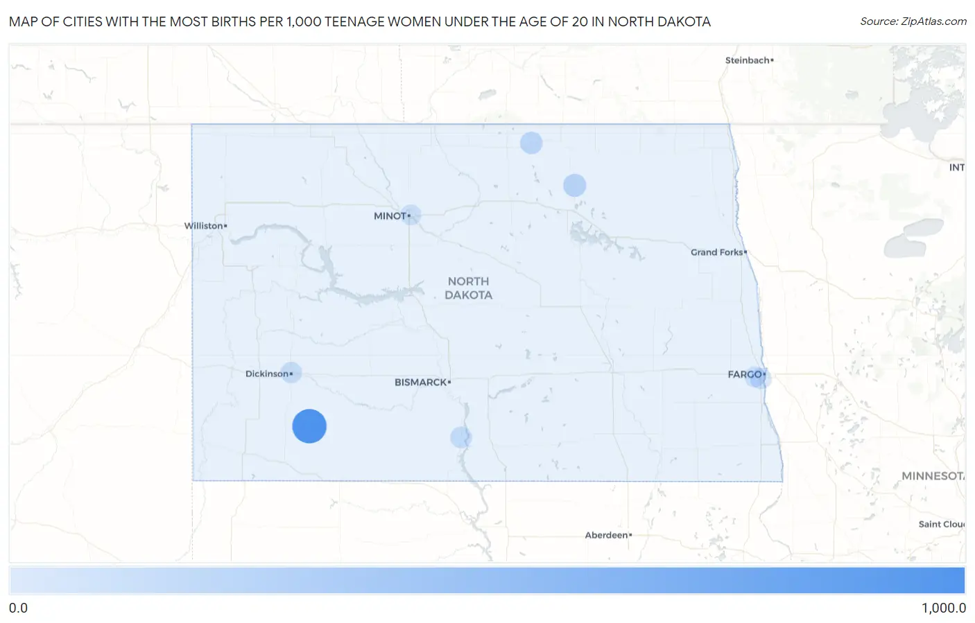 Cities with the Most Births per 1,000 Teenage Women Under the Age of 20 in North Dakota Map