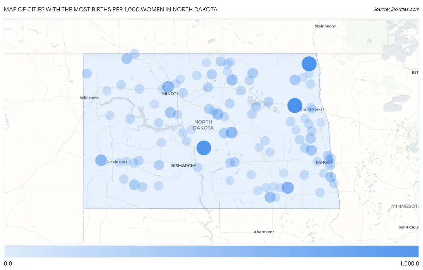 Cities with the Most Births per 1,000 Women in North Dakota Map