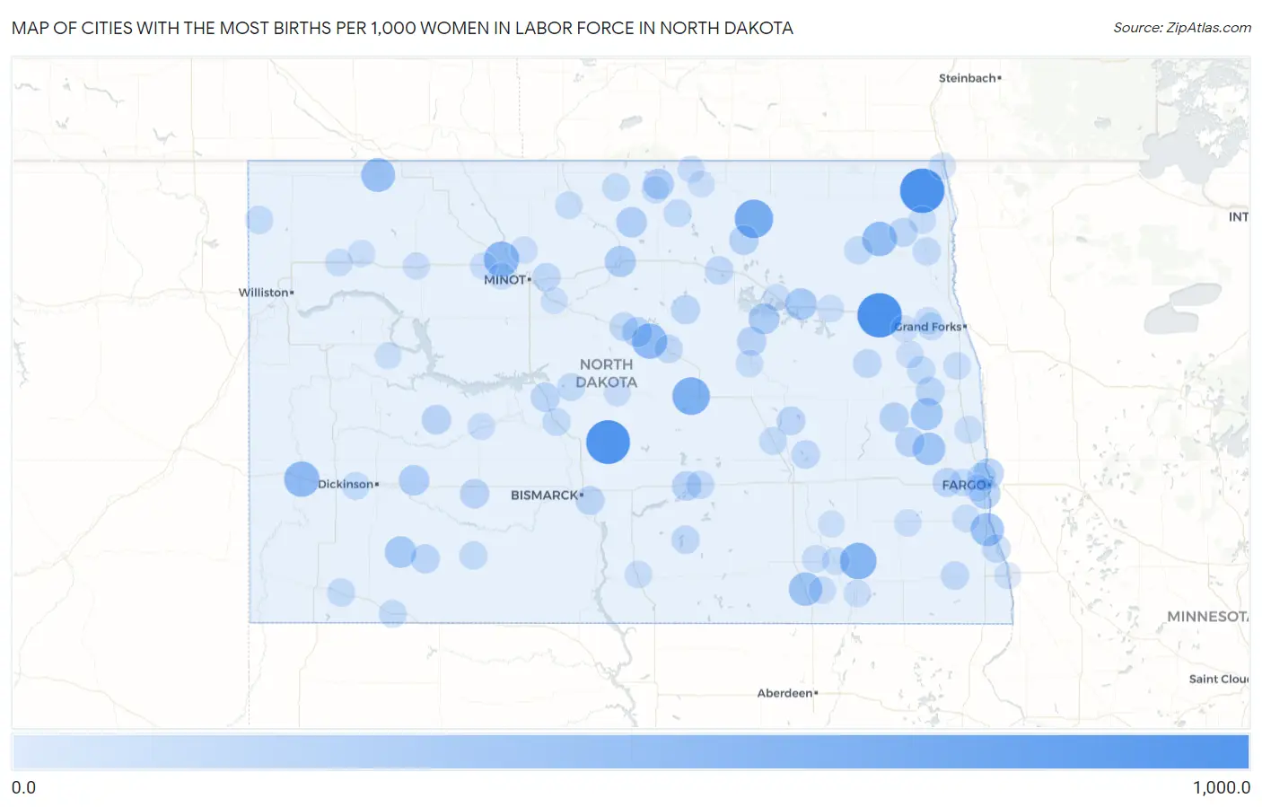 Cities with the Most Births per 1,000 Women in Labor Force in North Dakota Map
