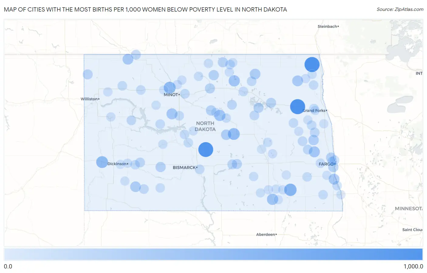 Cities with the Most Births per 1,000 Women Below Poverty Level in North Dakota Map