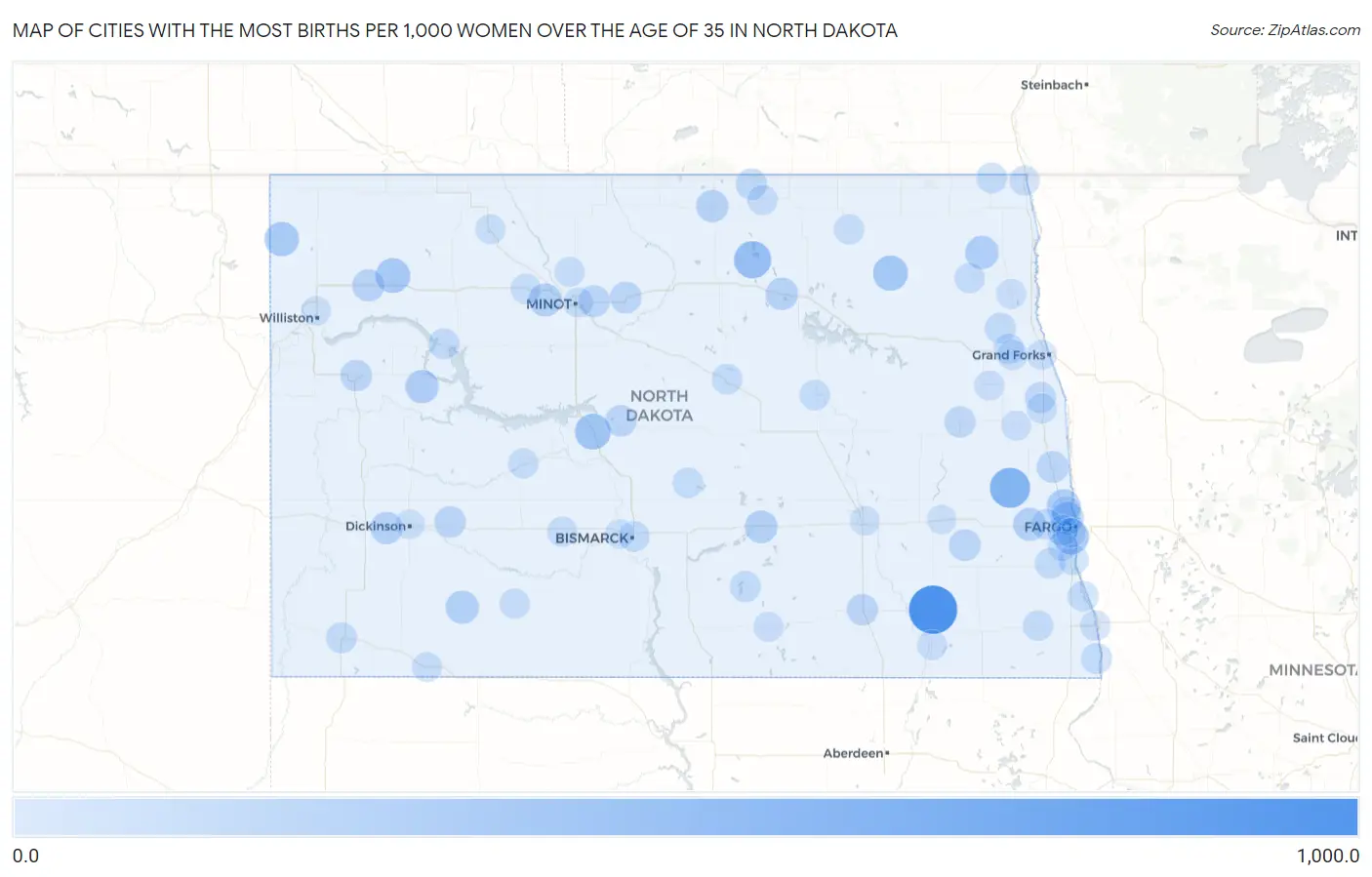 Cities with the Most Births per 1,000 Women Over the Age of 35 in North Dakota Map