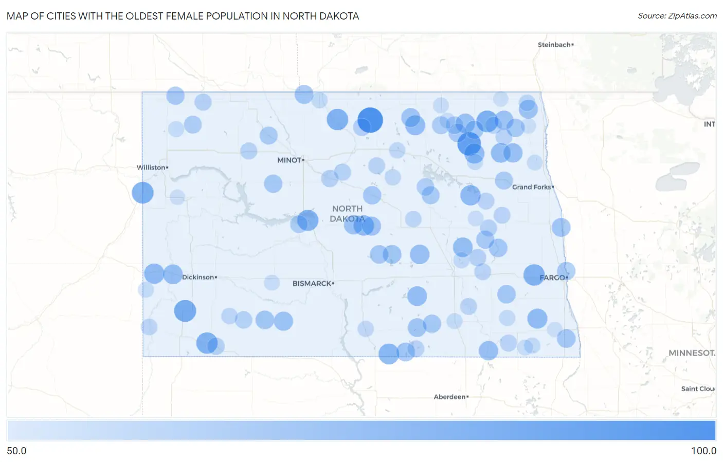 Cities with the Oldest Female Population in North Dakota Map