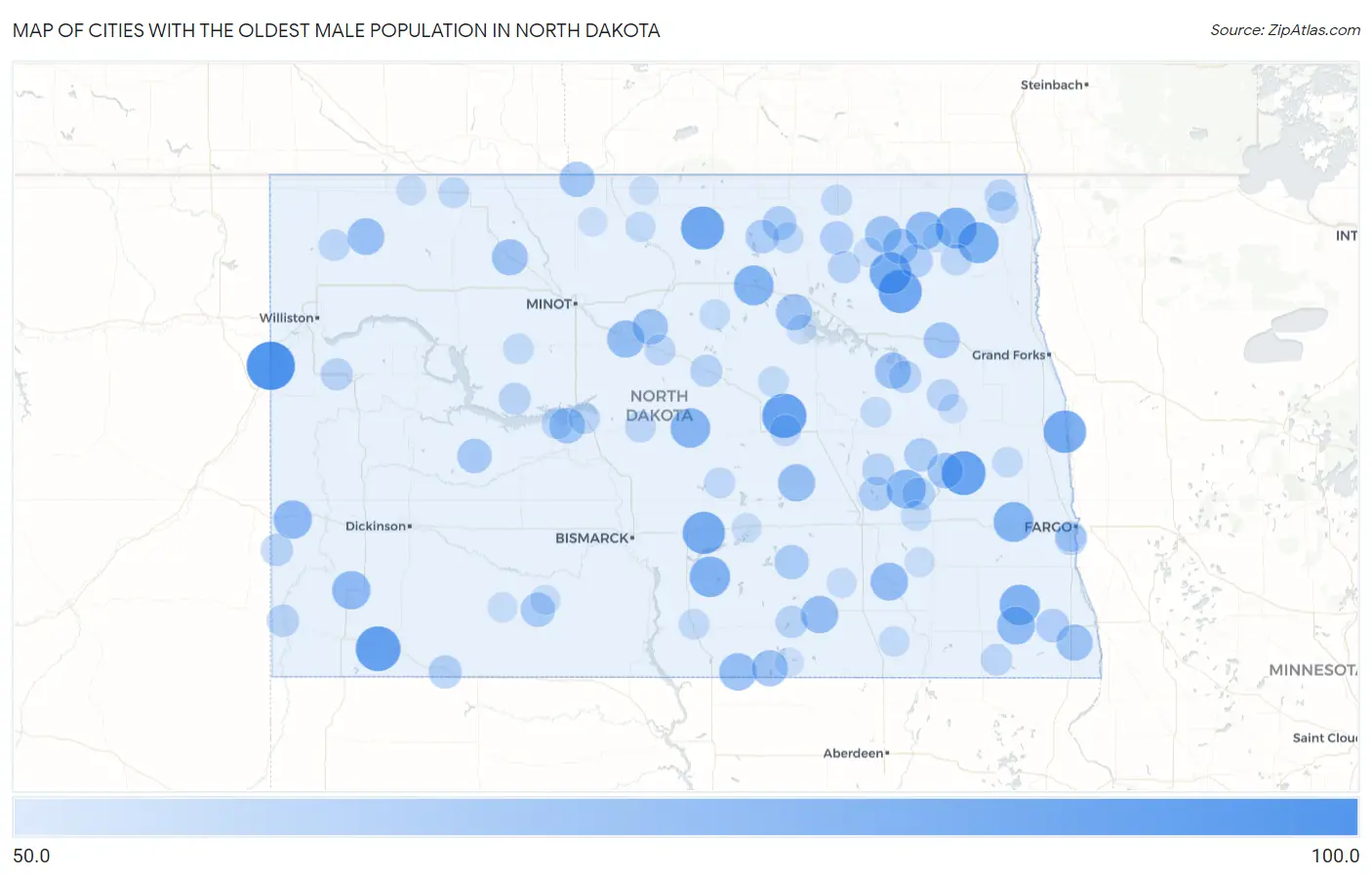 Cities with the Oldest Male Population in North Dakota Map