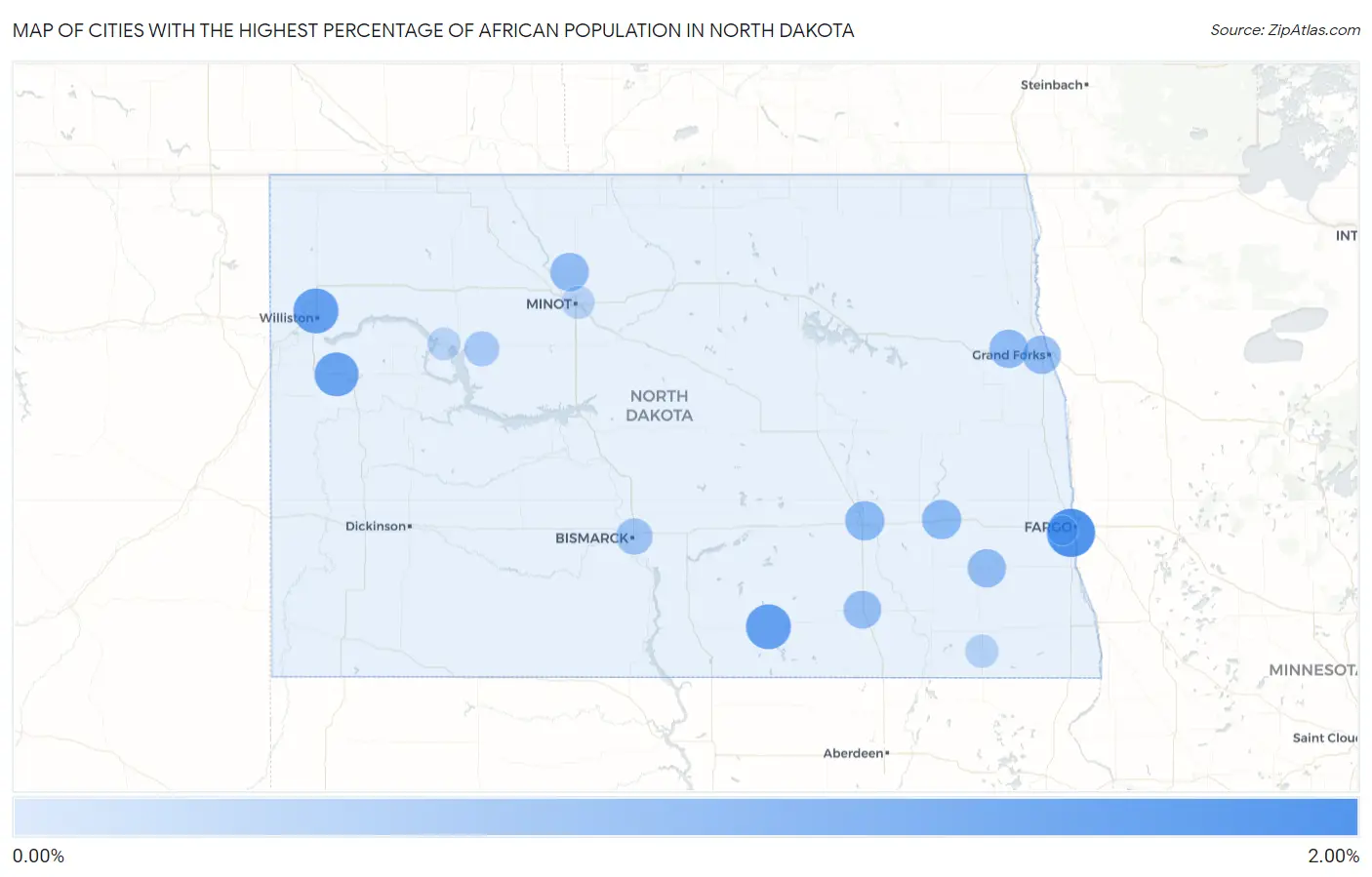 Cities with the Highest Percentage of African Population in North Dakota Map