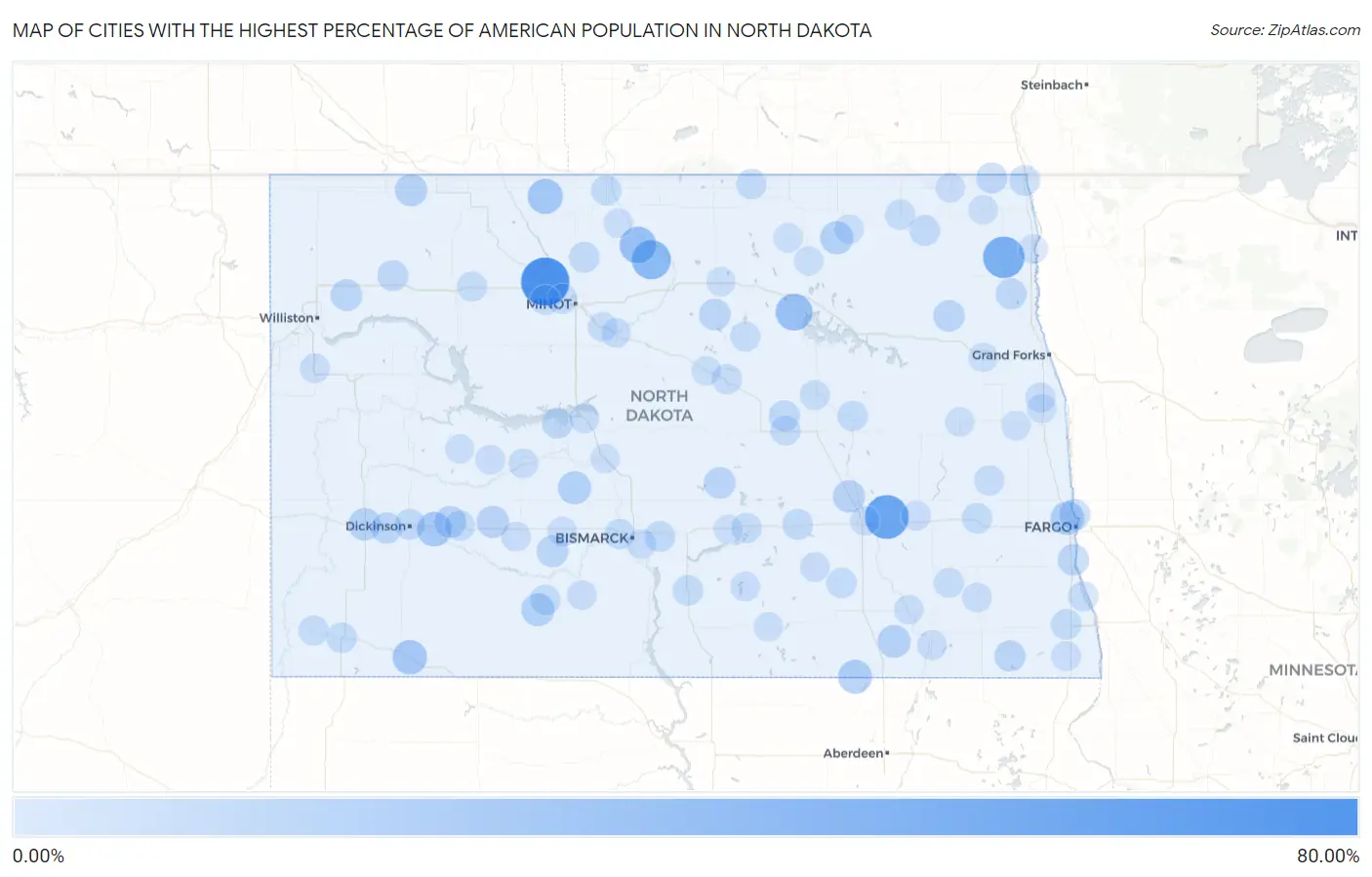 Cities with the Highest Percentage of American Population in North Dakota Map