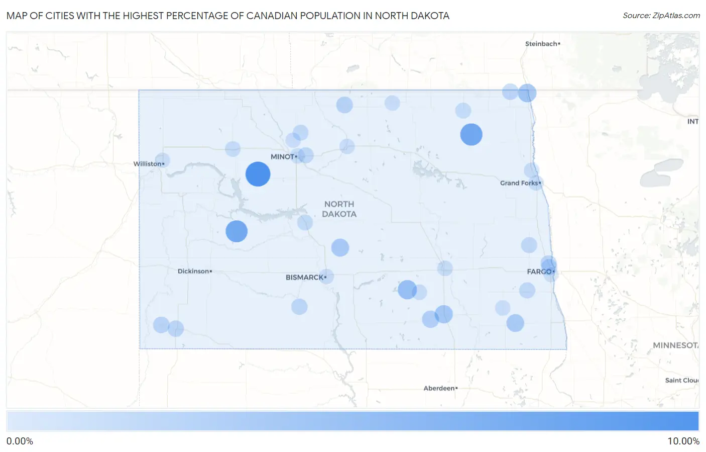Cities with the Highest Percentage of Canadian Population in North Dakota Map
