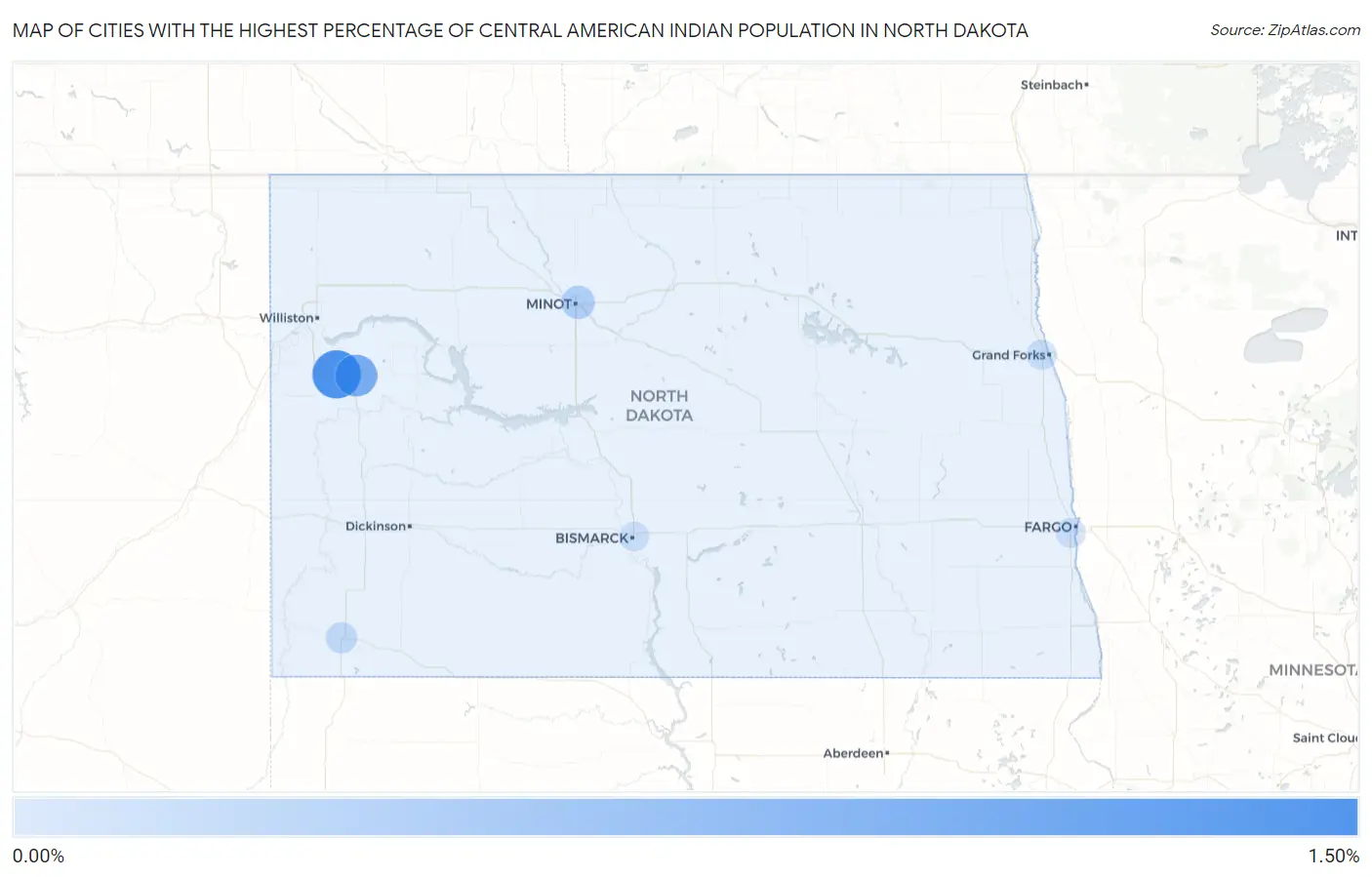 Cities with the Highest Percentage of Central American Indian Population in North Dakota Map