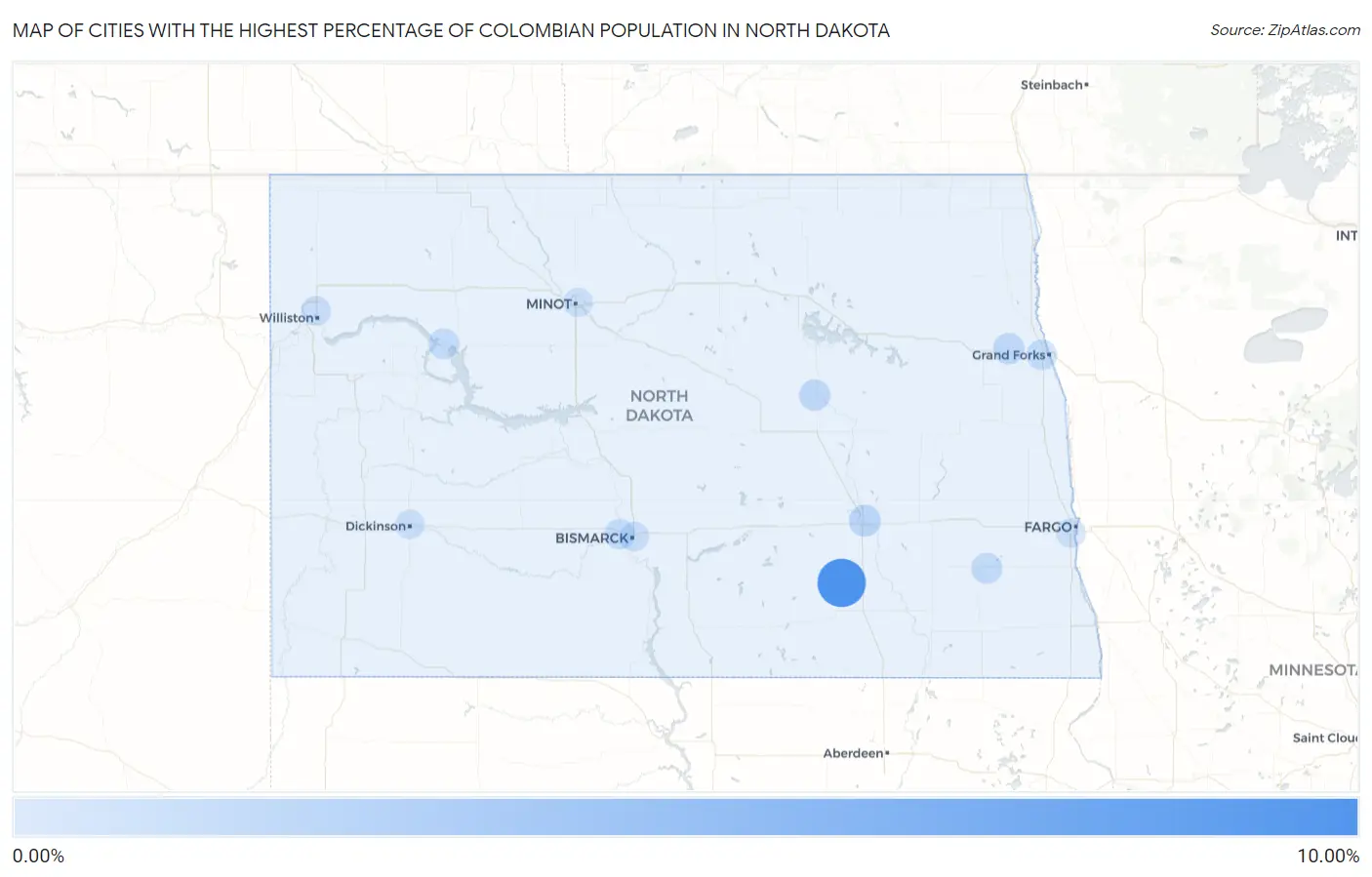 Cities with the Highest Percentage of Colombian Population in North Dakota Map