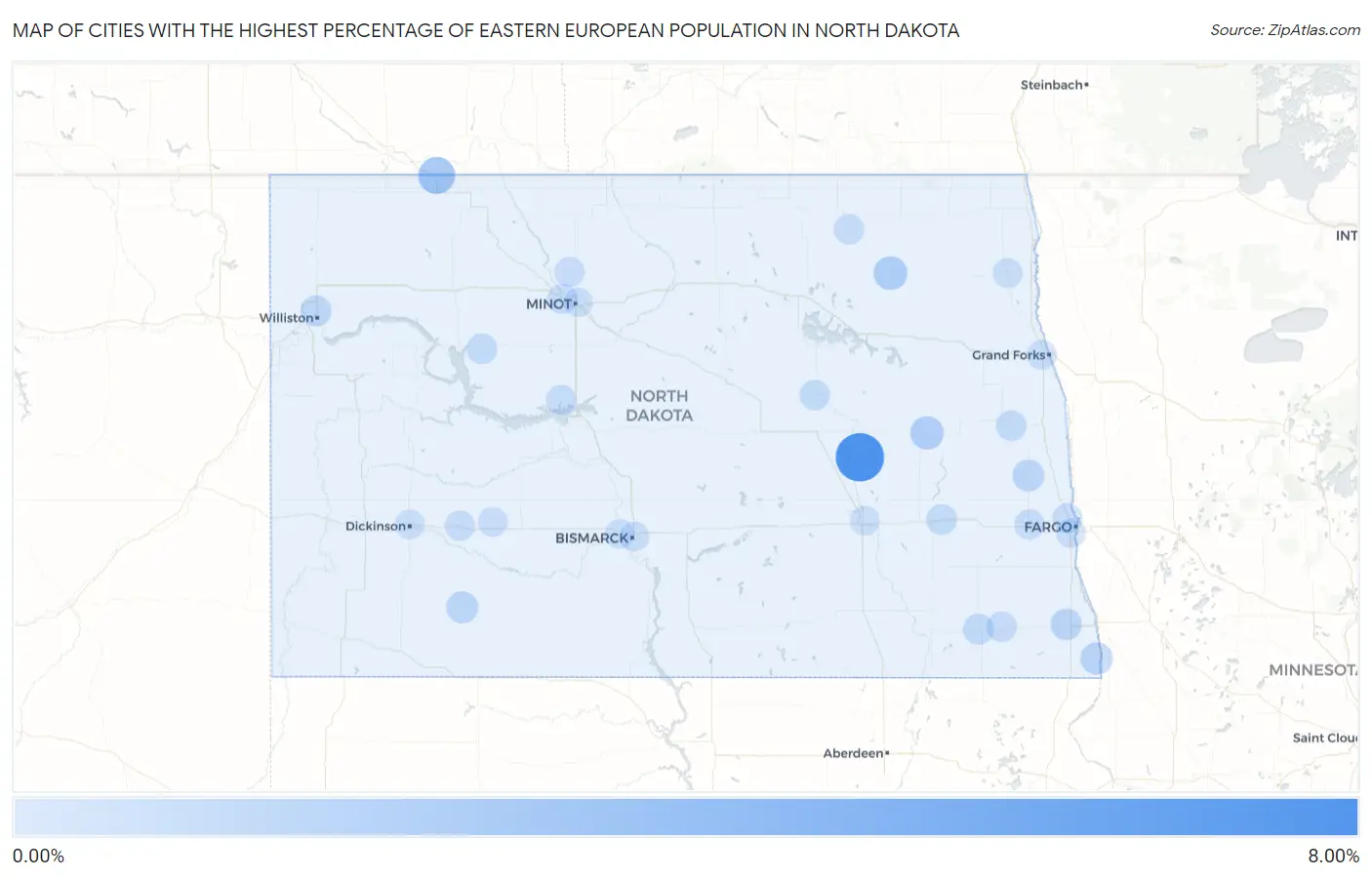 Cities with the Highest Percentage of Eastern European Population in North Dakota Map