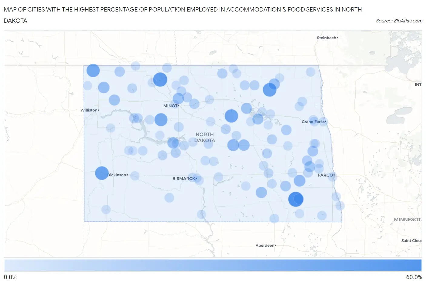 Cities with the Highest Percentage of Population Employed in Accommodation & Food Services in North Dakota Map