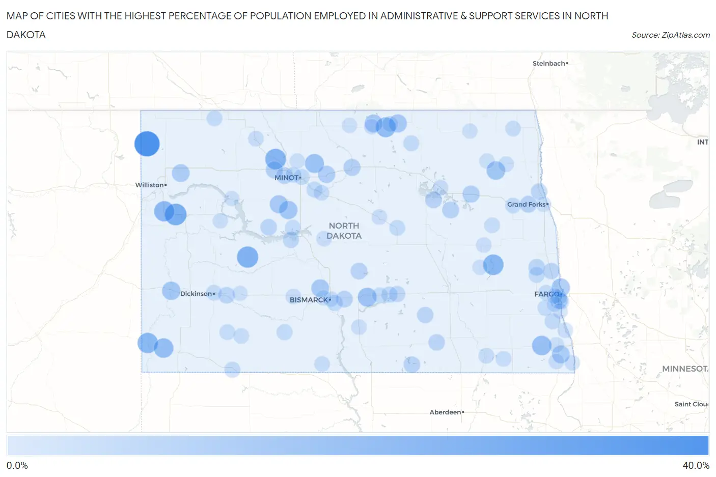 Cities with the Highest Percentage of Population Employed in Administrative & Support Services in North Dakota Map