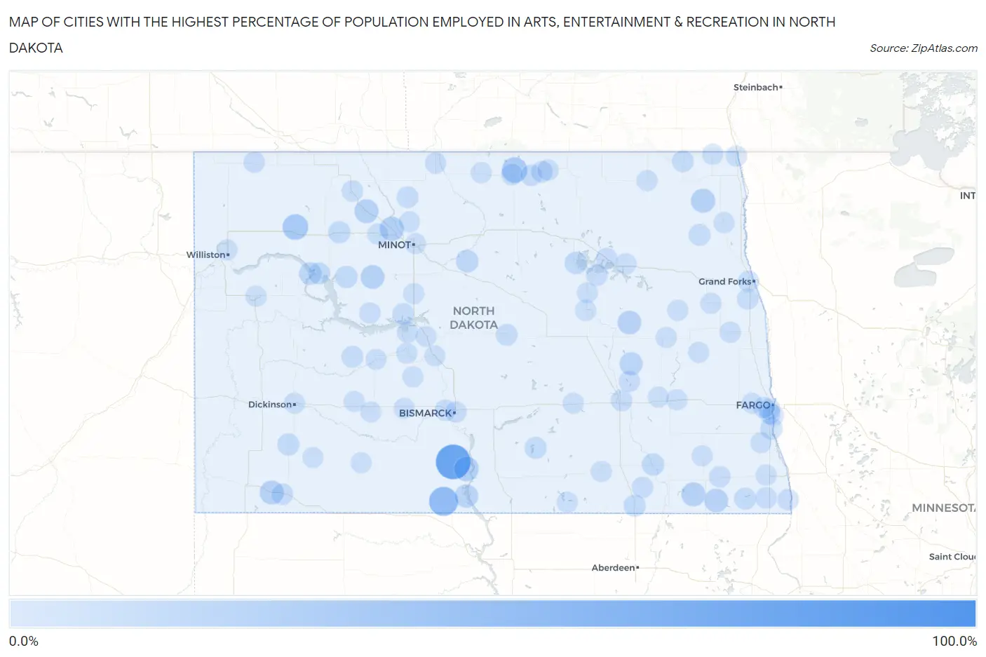 Cities with the Highest Percentage of Population Employed in Arts, Entertainment & Recreation in North Dakota Map
