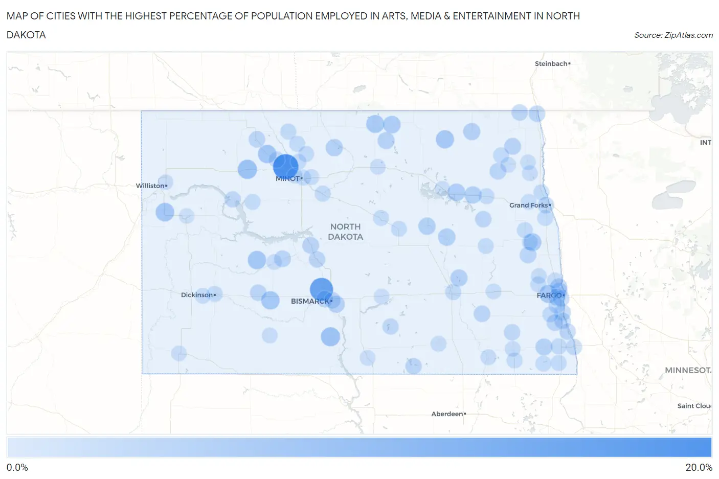 Cities with the Highest Percentage of Population Employed in Arts, Media & Entertainment in North Dakota Map
