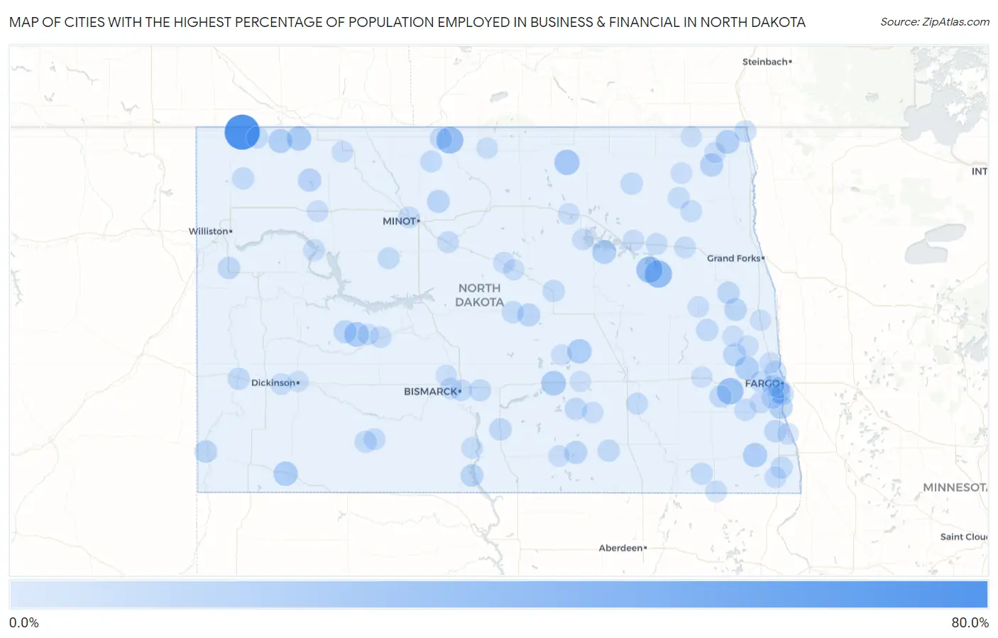 Cities with the Highest Percentage of Population Employed in Business & Financial in North Dakota Map