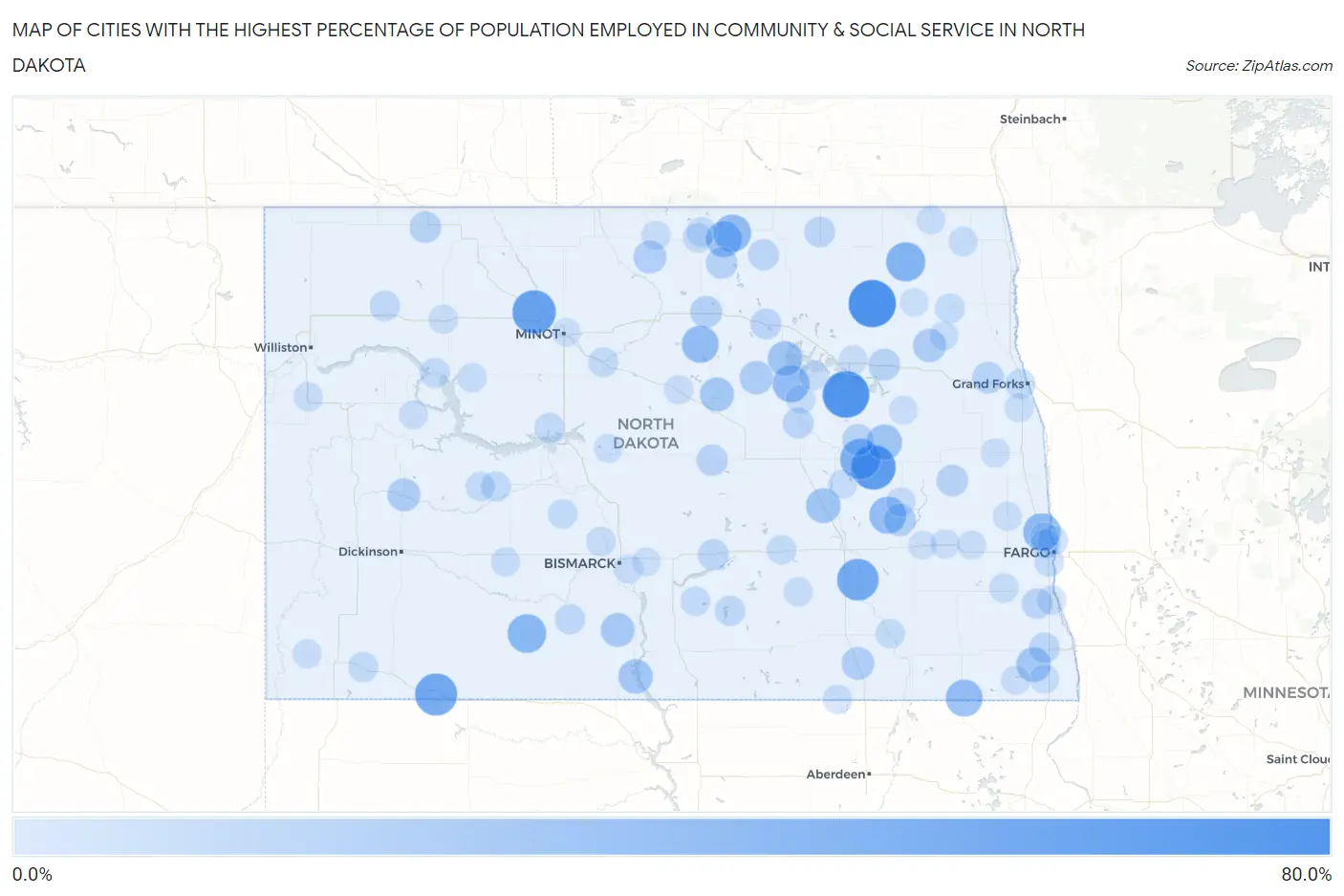 Cities with the Highest Percentage of Population Employed in Community & Social Service  in North Dakota Map