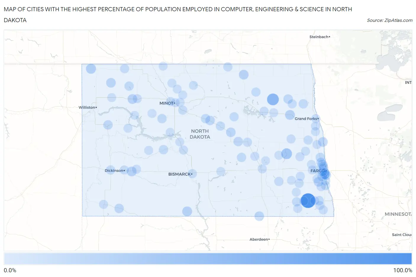Cities with the Highest Percentage of Population Employed in Computer, Engineering & Science in North Dakota Map