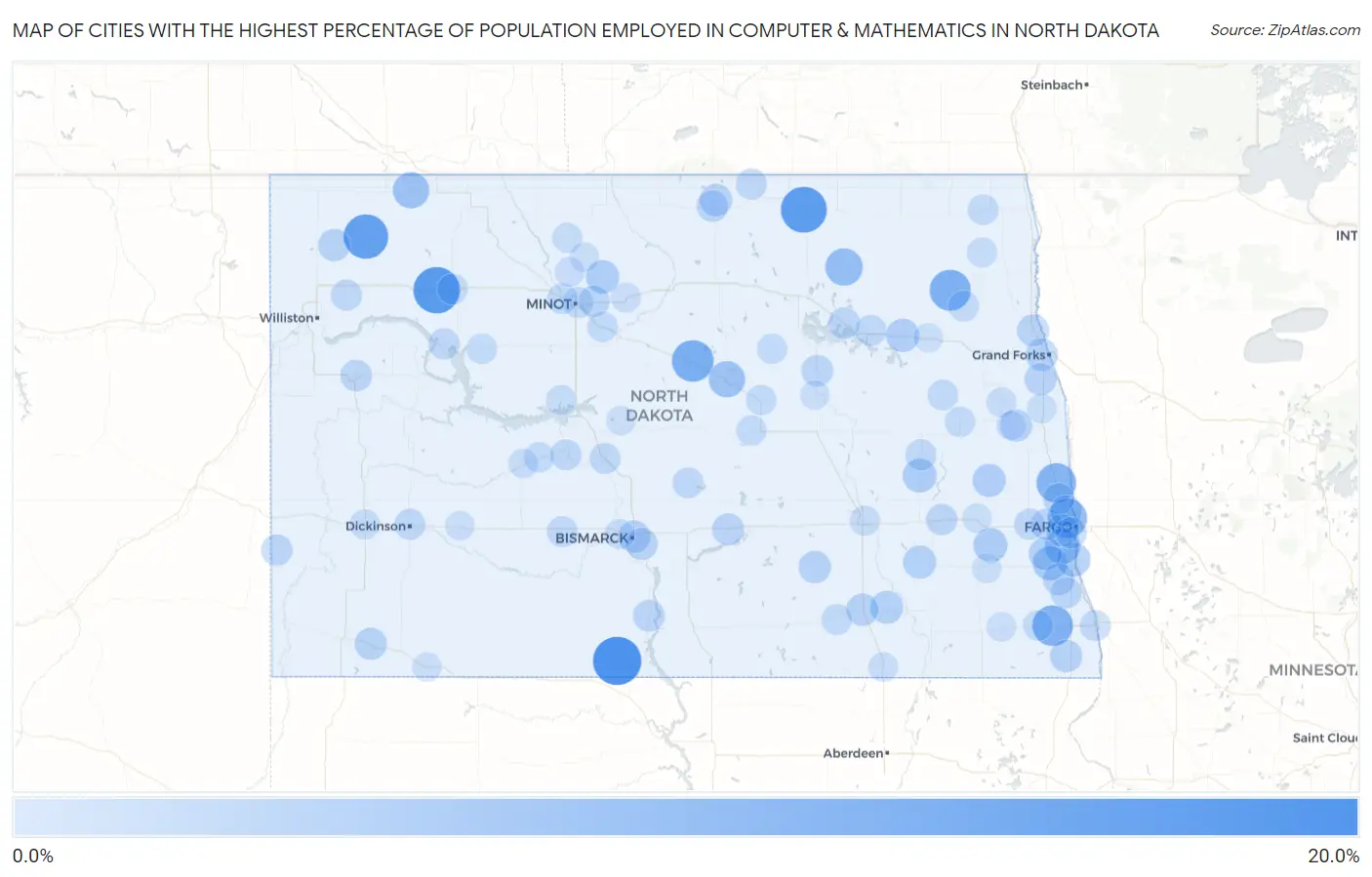 Cities with the Highest Percentage of Population Employed in Computer & Mathematics in North Dakota Map