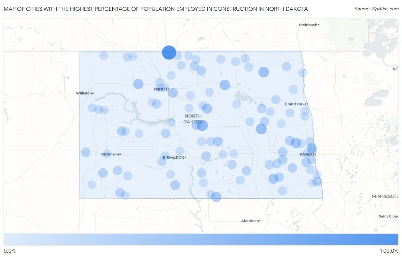 Cities with the Highest Percentage of Population Employed in Construction in North Dakota Map