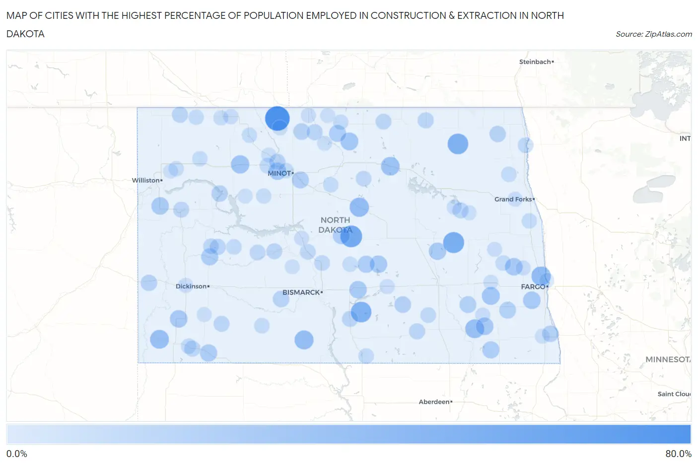 Cities with the Highest Percentage of Population Employed in Construction & Extraction in North Dakota Map