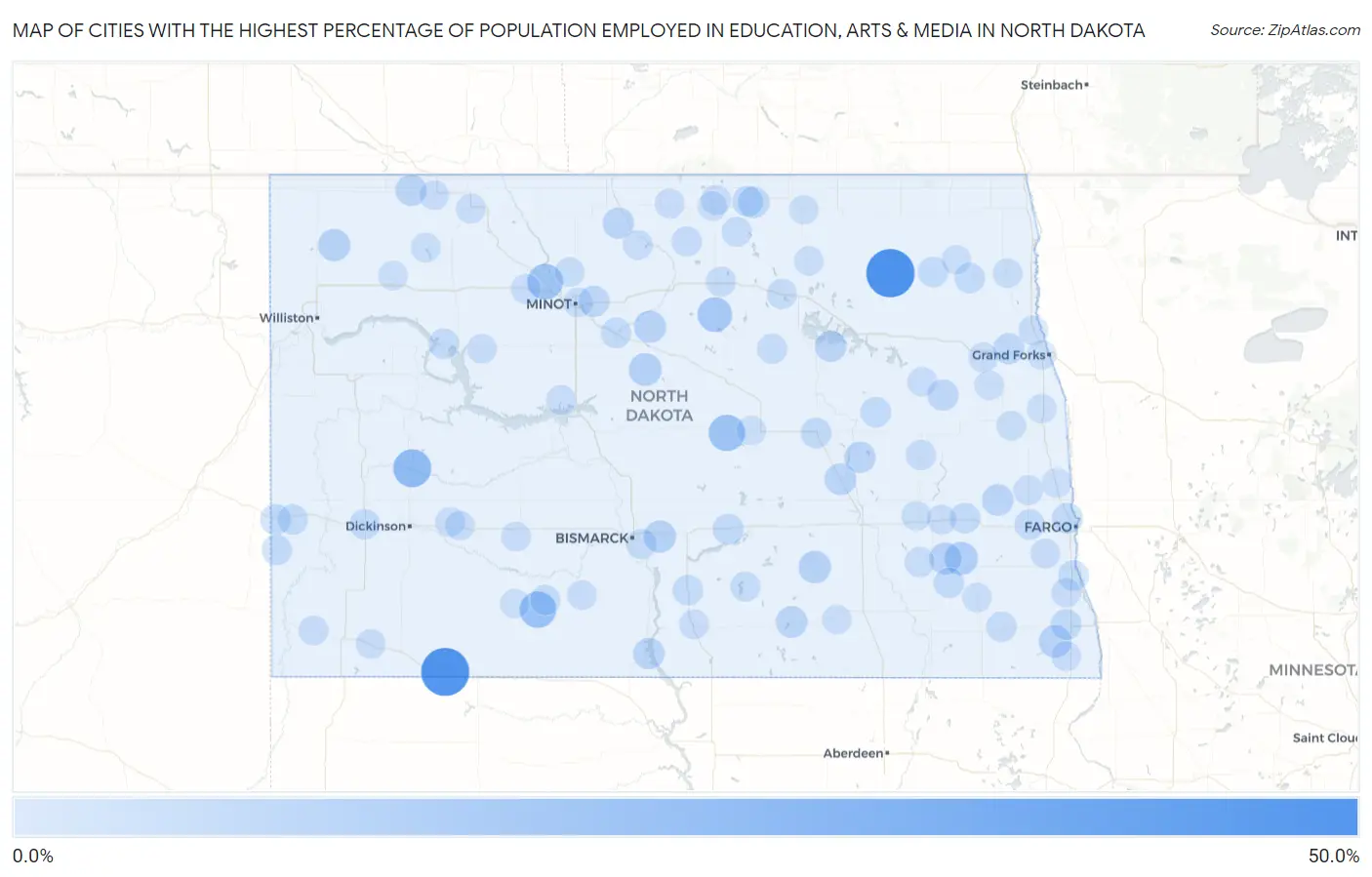 Cities with the Highest Percentage of Population Employed in Education, Arts & Media in North Dakota Map