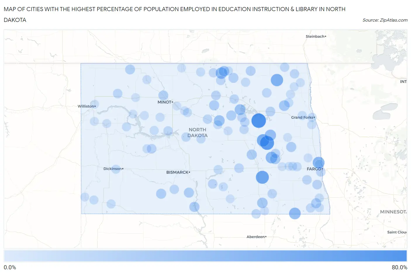 Cities with the Highest Percentage of Population Employed in Education Instruction & Library in North Dakota Map