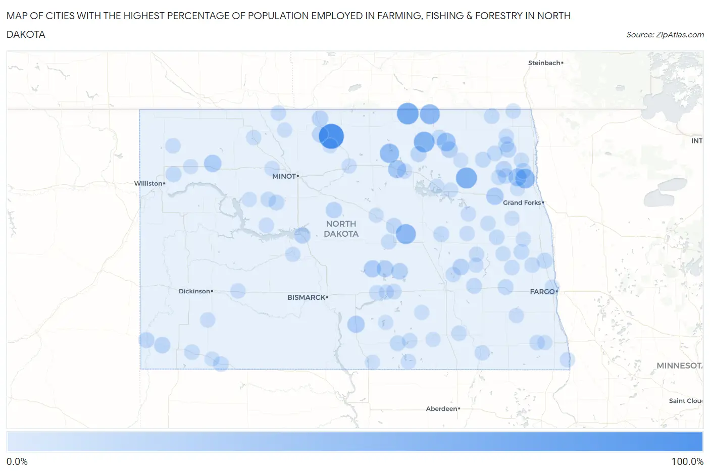 Cities with the Highest Percentage of Population Employed in Farming, Fishing & Forestry in North Dakota Map