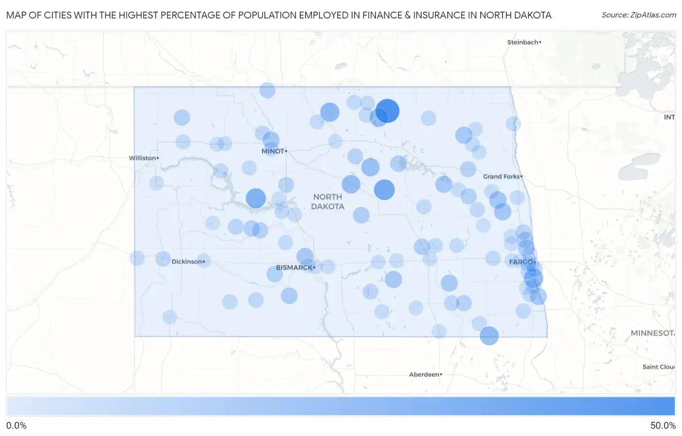 Cities with the Highest Percentage of Population Employed in Finance & Insurance in North Dakota Map