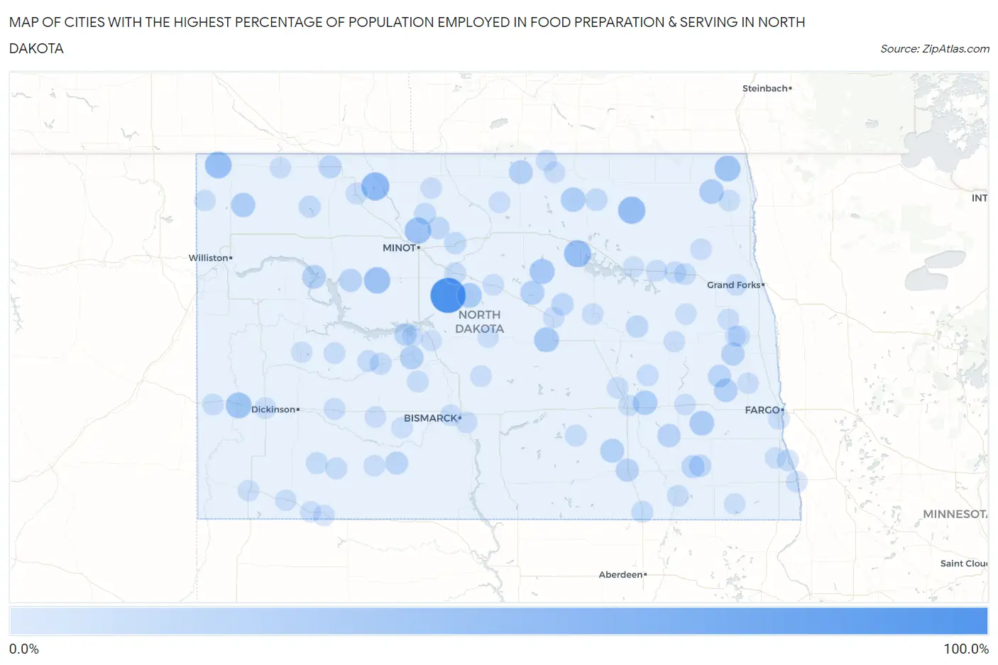 Cities with the Highest Percentage of Population Employed in Food Preparation & Serving in North Dakota Map