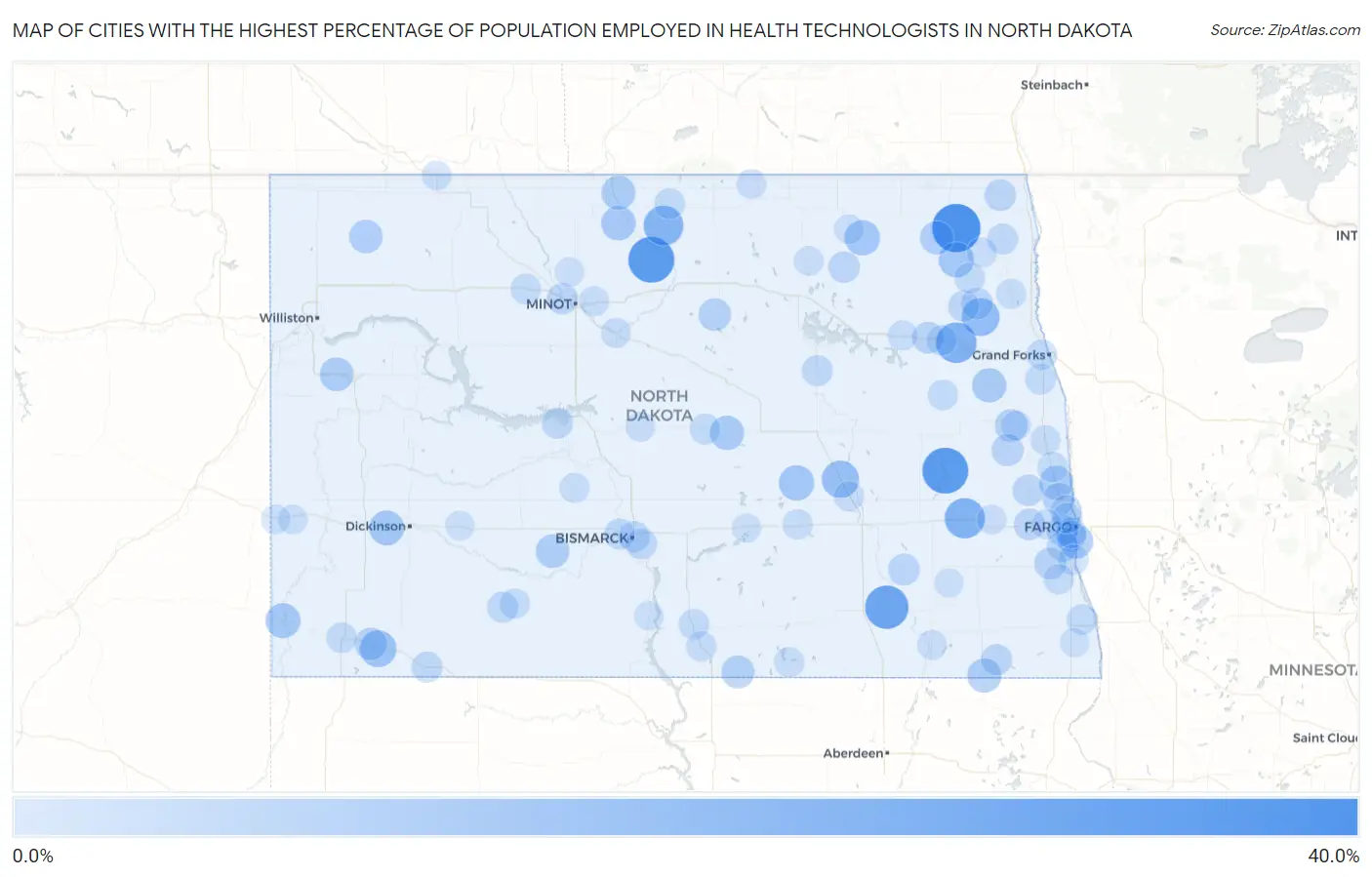 Cities with the Highest Percentage of Population Employed in Health Technologists in North Dakota Map