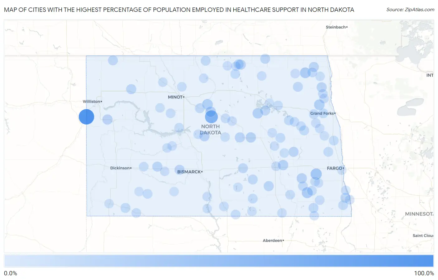 Cities with the Highest Percentage of Population Employed in Healthcare Support in North Dakota Map