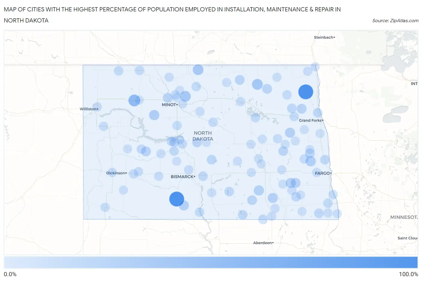 Cities with the Highest Percentage of Population Employed in Installation, Maintenance & Repair in North Dakota Map