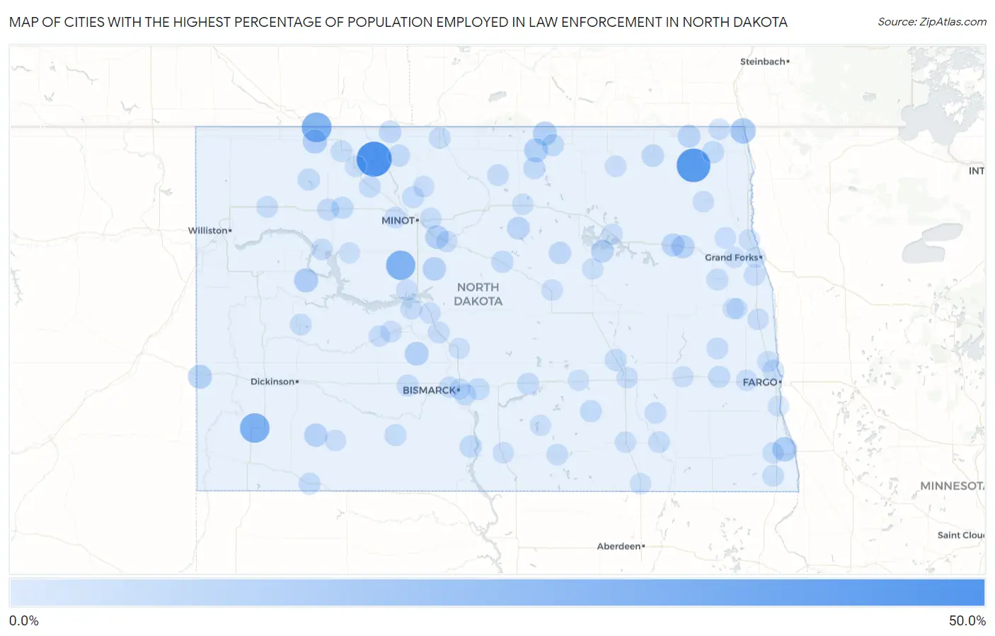 Cities with the Highest Percentage of Population Employed in Law Enforcement in North Dakota Map