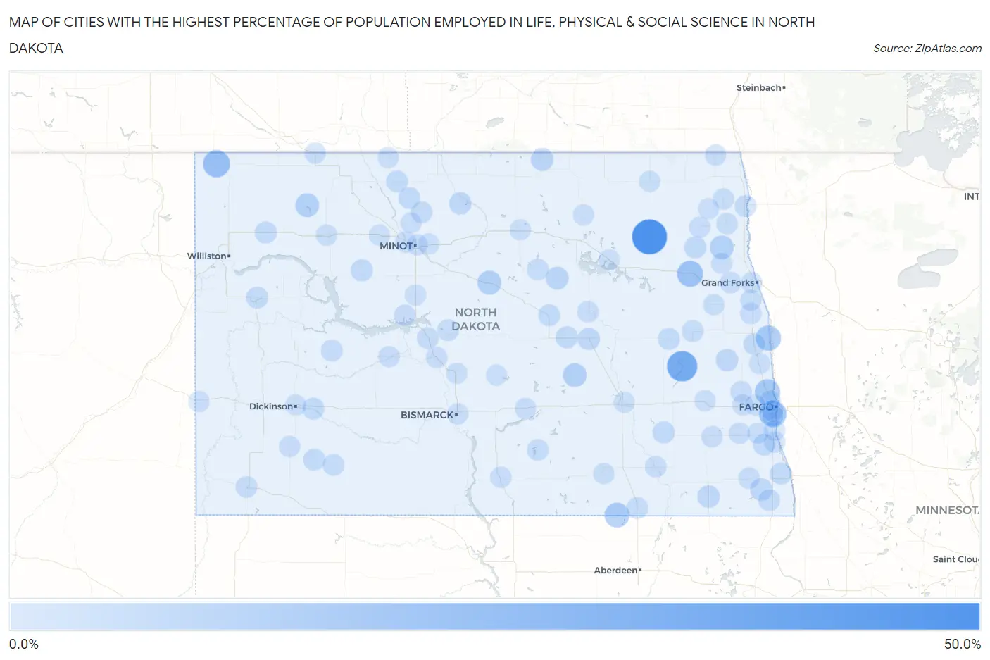 Cities with the Highest Percentage of Population Employed in Life, Physical & Social Science in North Dakota Map