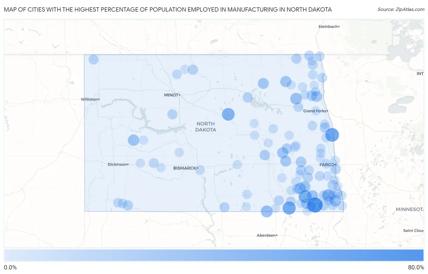 Cities with the Highest Percentage of Population Employed in Manufacturing in North Dakota Map
