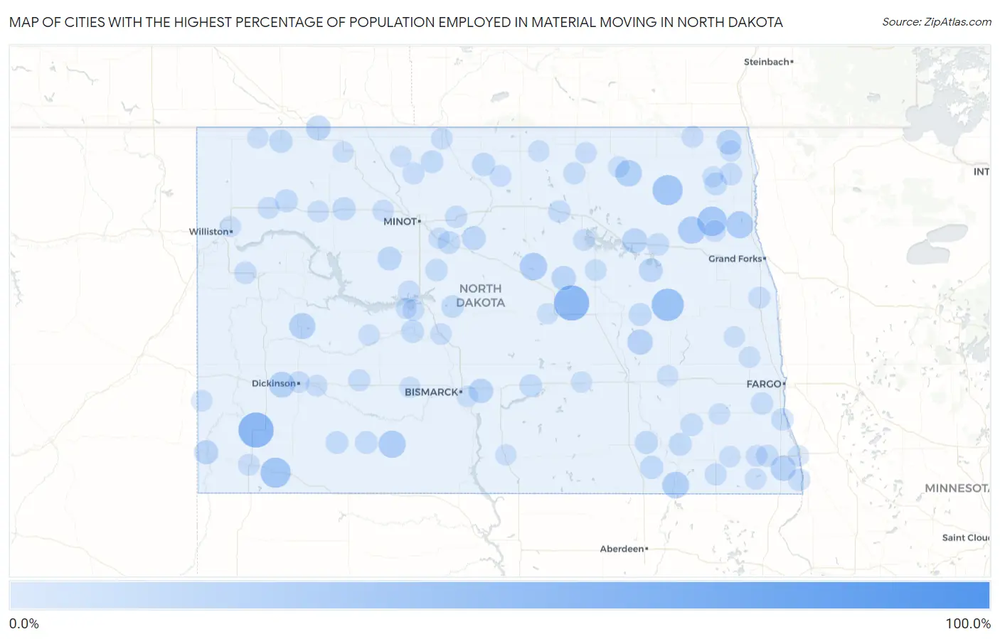 Cities with the Highest Percentage of Population Employed in Material Moving in North Dakota Map