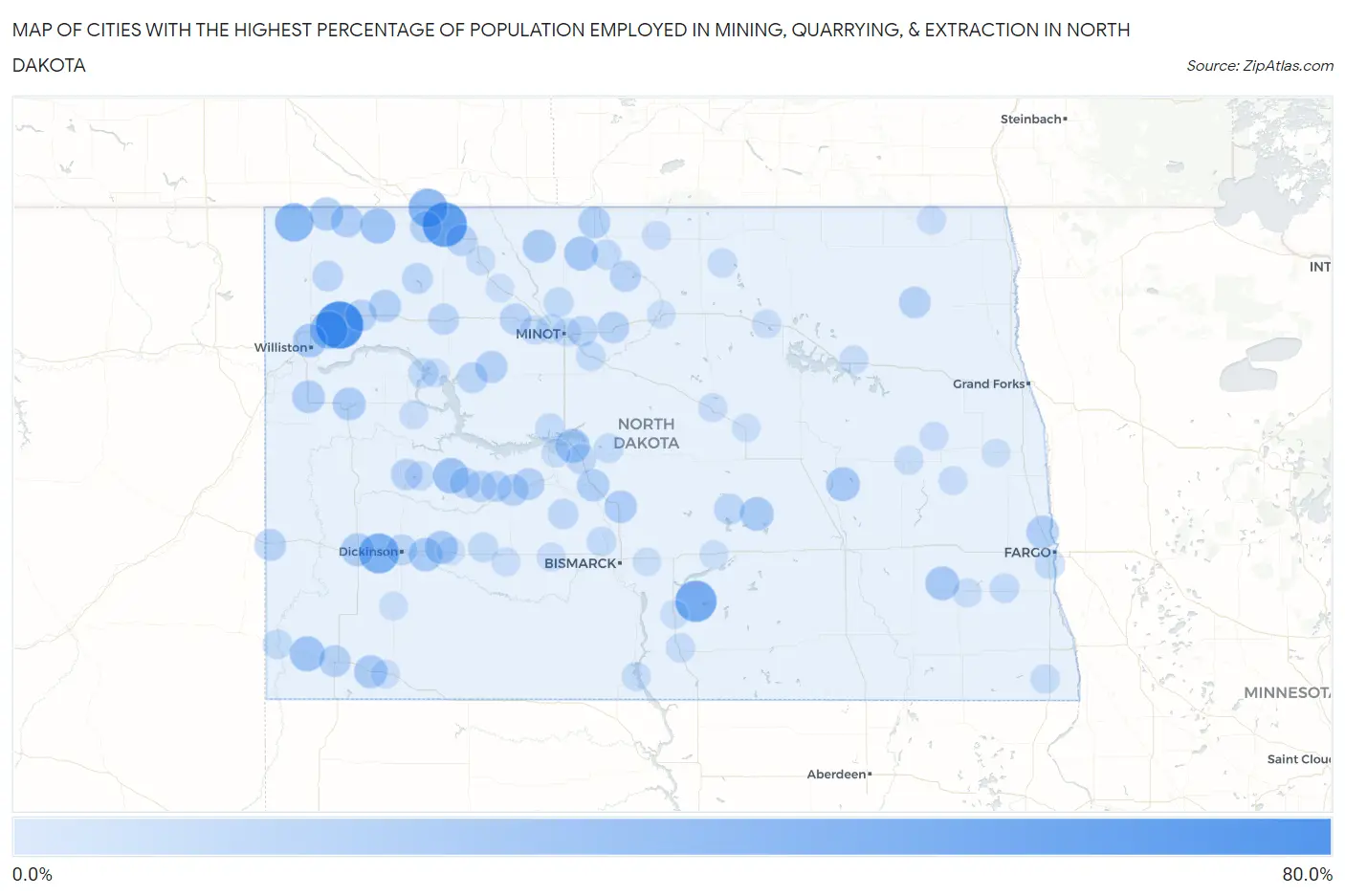 Cities with the Highest Percentage of Population Employed in Mining, Quarrying, & Extraction in North Dakota Map