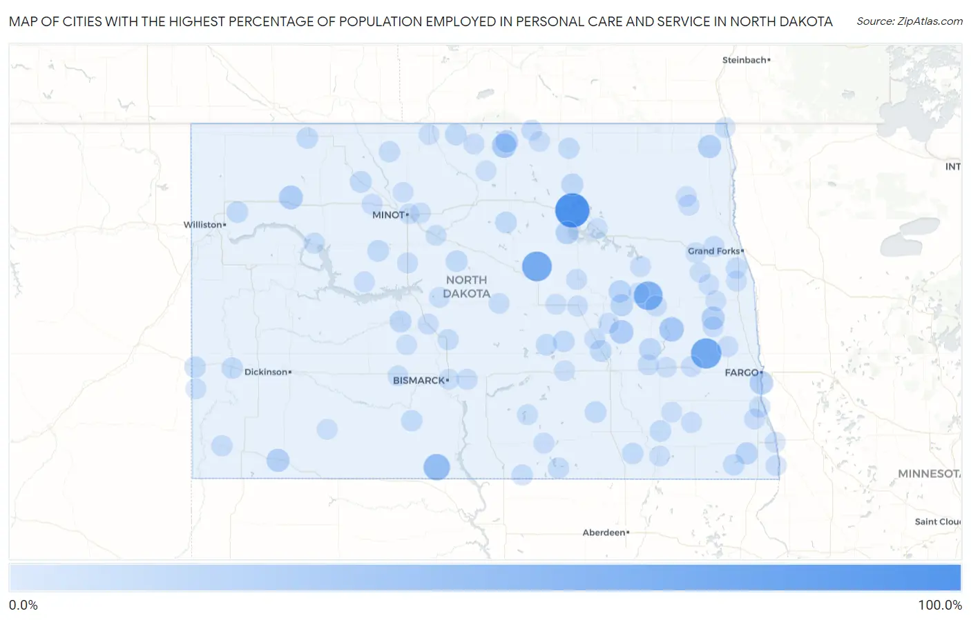 Cities with the Highest Percentage of Population Employed in Personal Care and Service in North Dakota Map