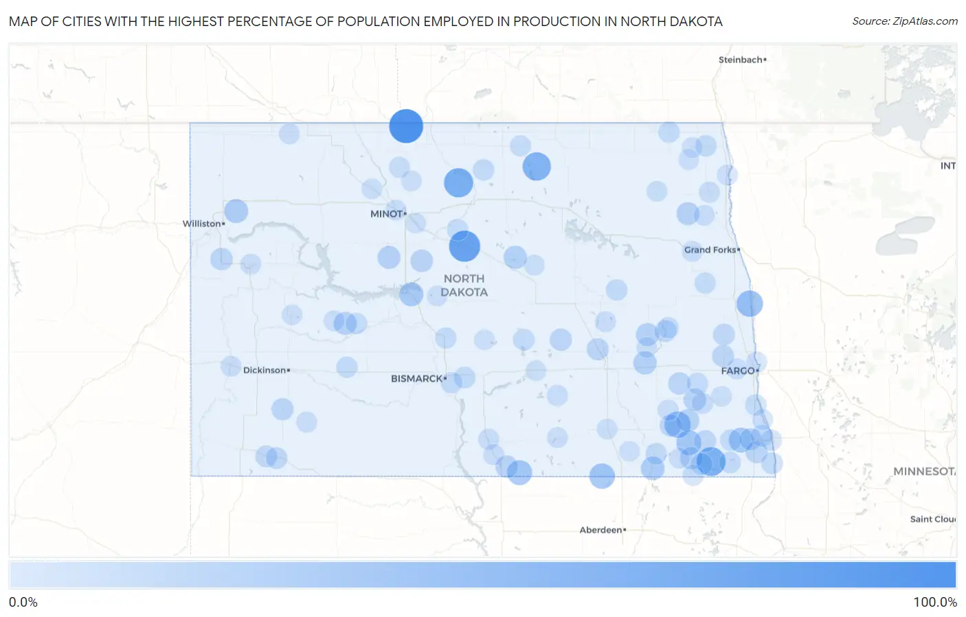 Cities with the Highest Percentage of Population Employed in Production in North Dakota Map
