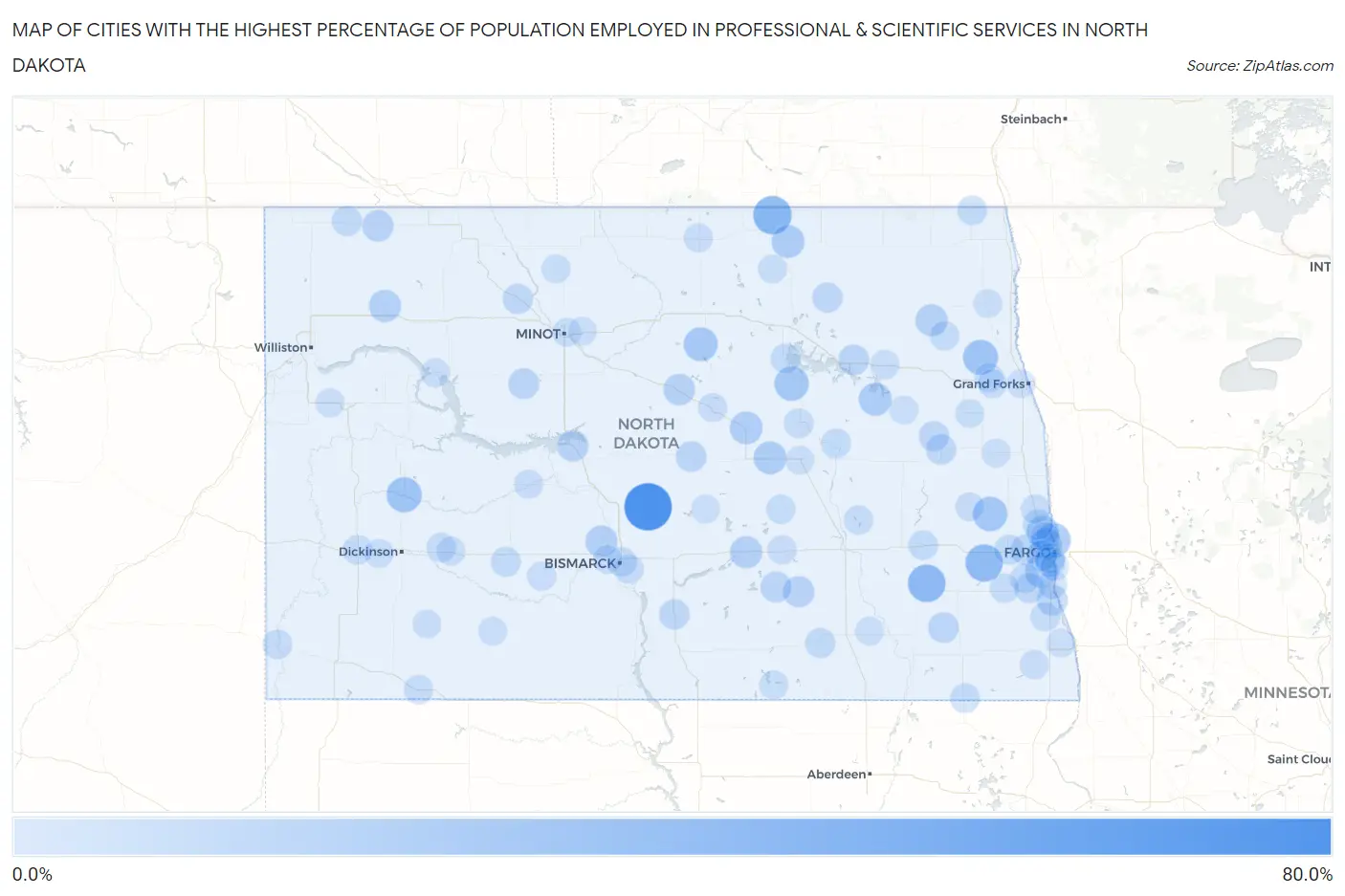 Cities with the Highest Percentage of Population Employed in Professional & Scientific Services in North Dakota Map