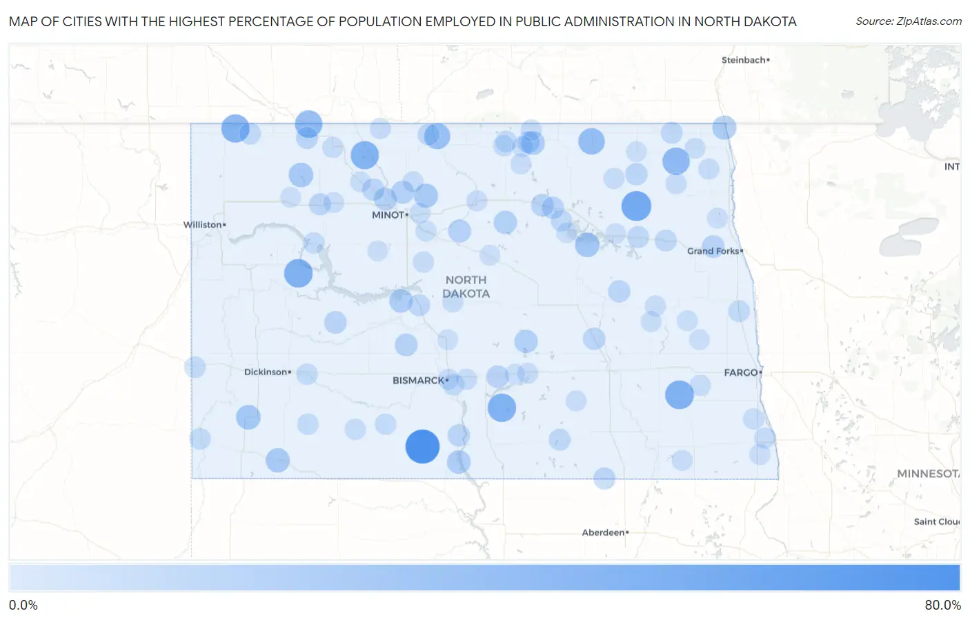 Cities with the Highest Percentage of Population Employed in Public Administration in North Dakota Map