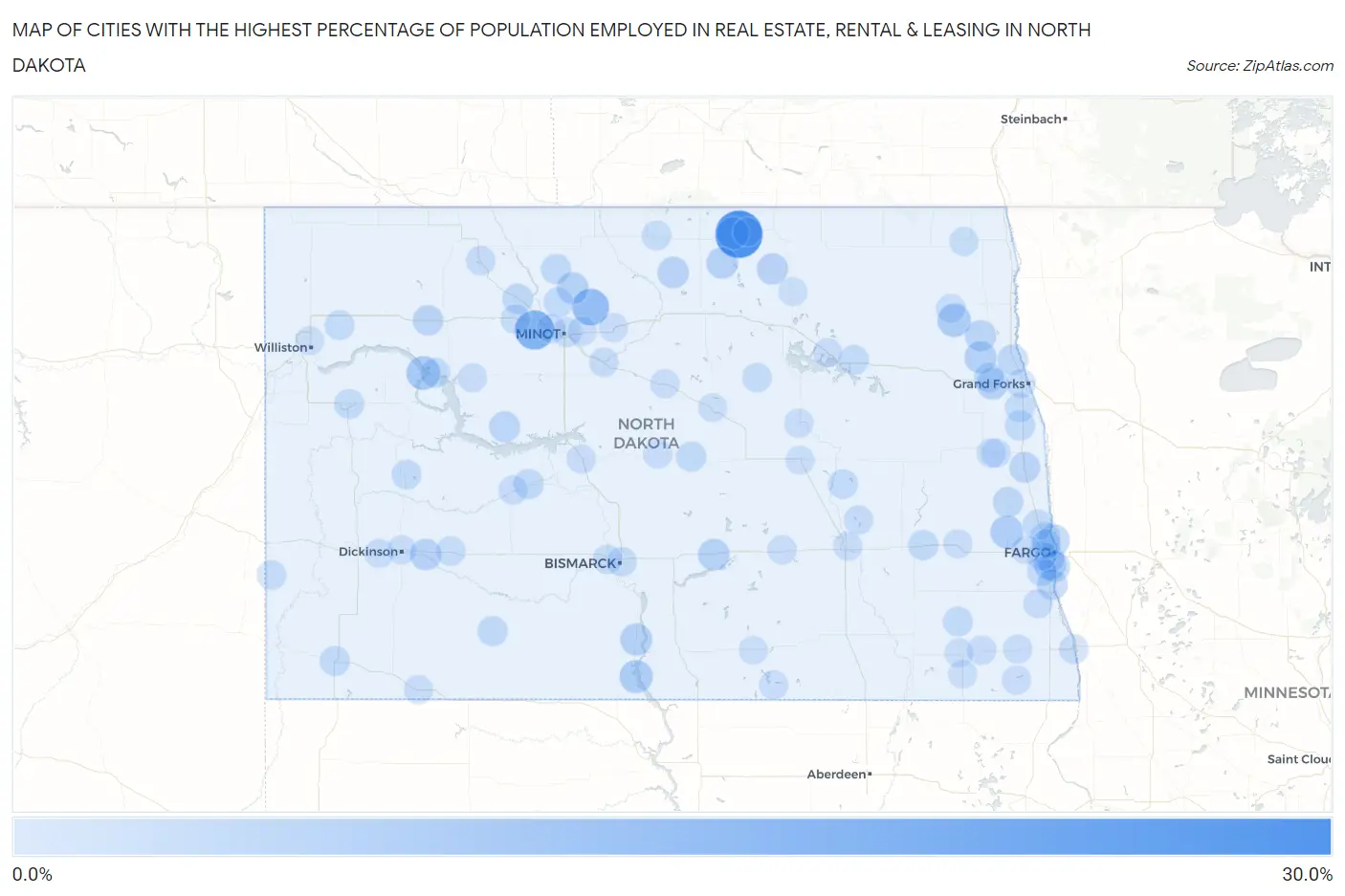 Cities with the Highest Percentage of Population Employed in Real Estate, Rental & Leasing in North Dakota Map