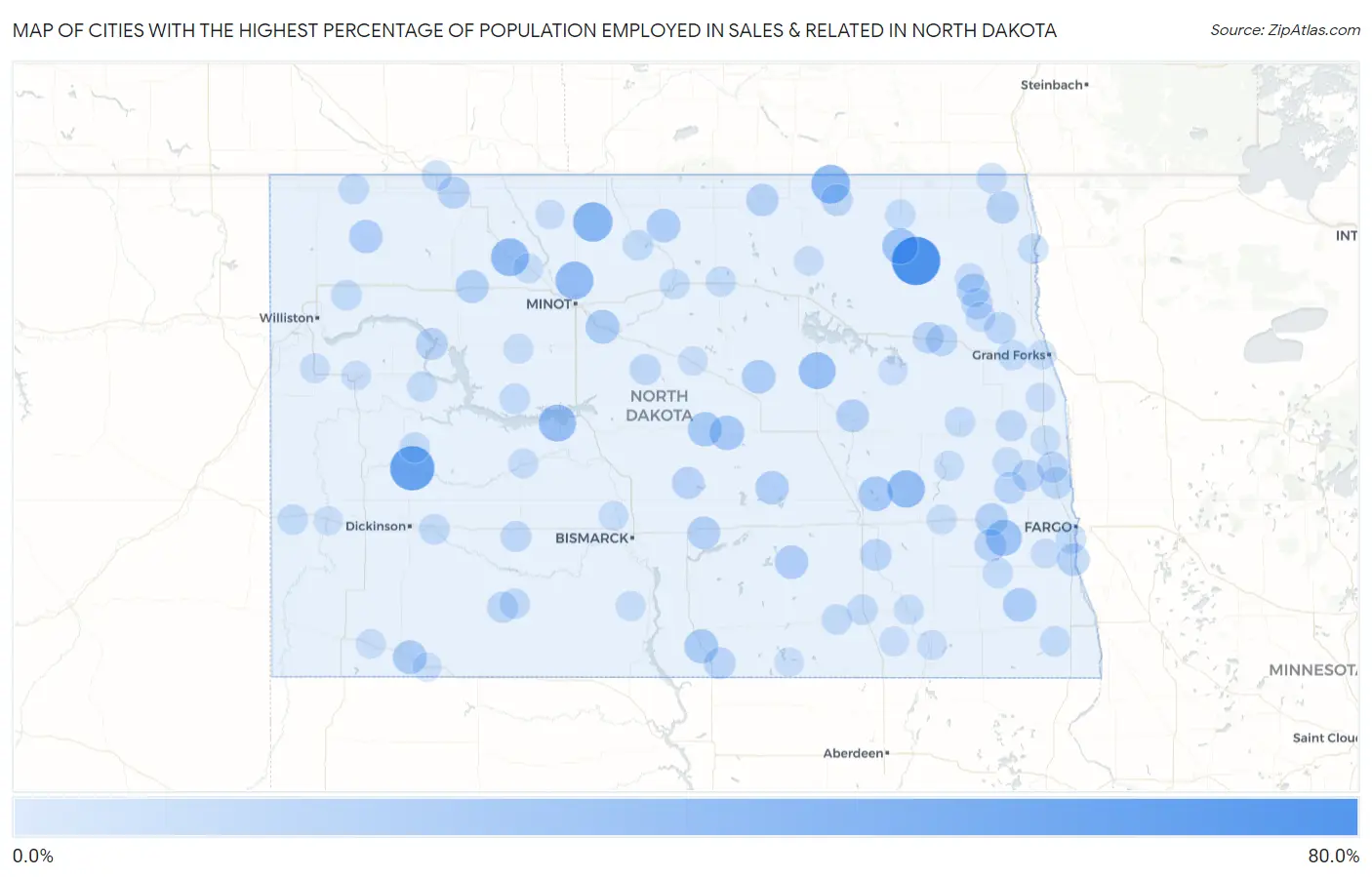 Cities with the Highest Percentage of Population Employed in Sales & Related in North Dakota Map