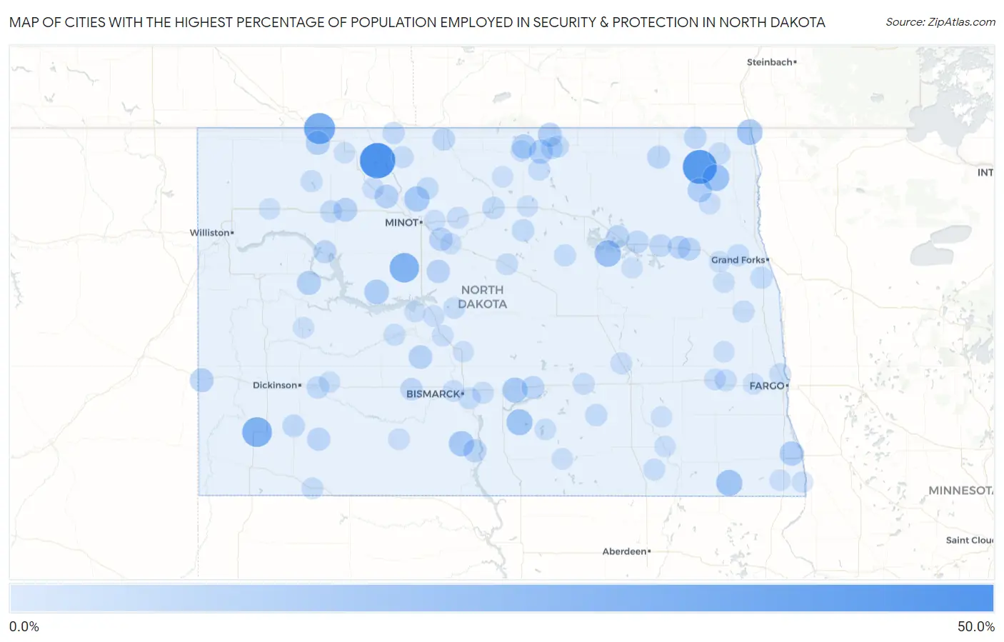 Cities with the Highest Percentage of Population Employed in Security & Protection in North Dakota Map