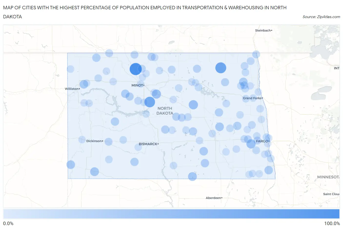 Cities with the Highest Percentage of Population Employed in Transportation & Warehousing in North Dakota Map