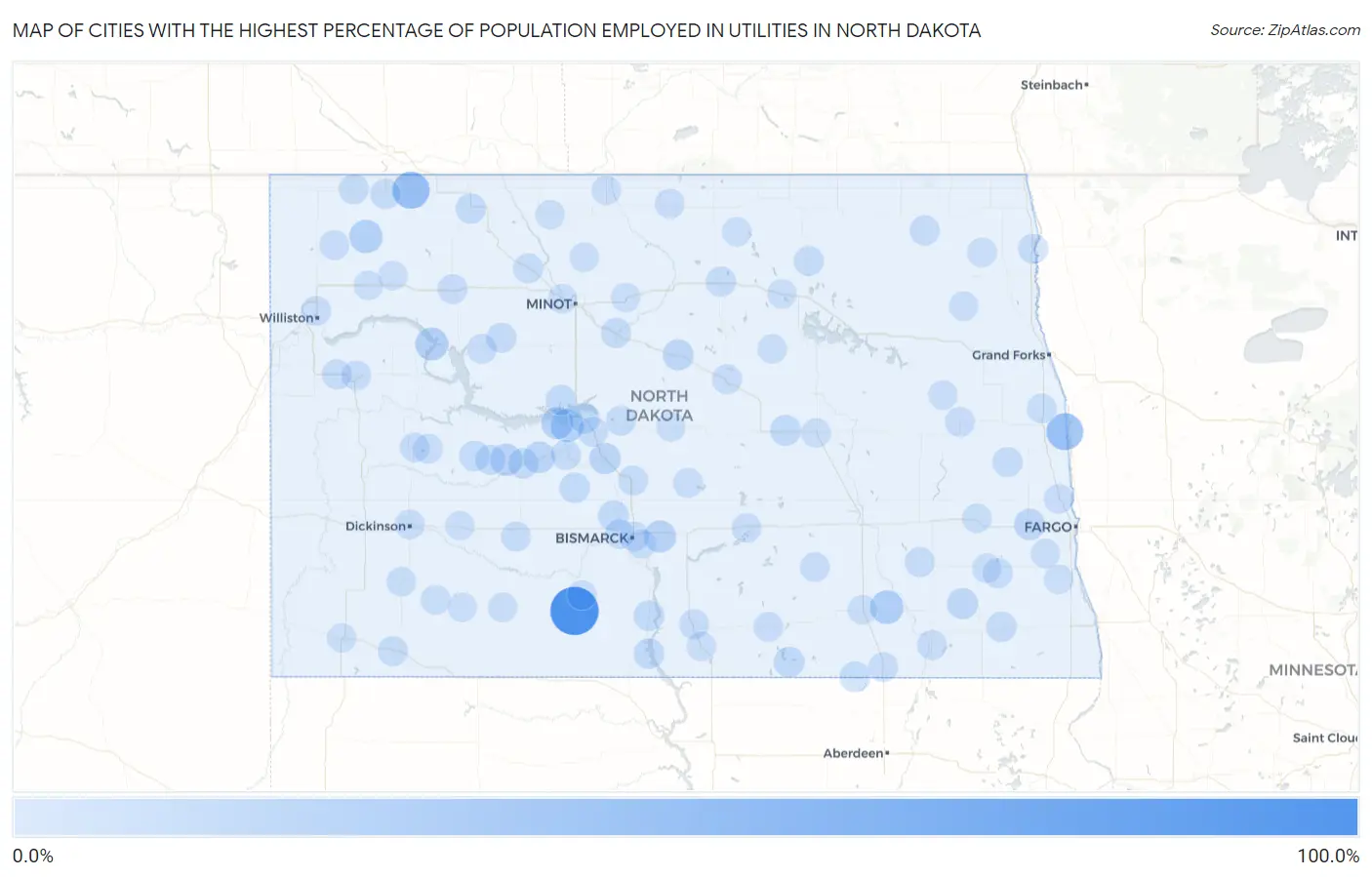 Cities with the Highest Percentage of Population Employed in Utilities in North Dakota Map
