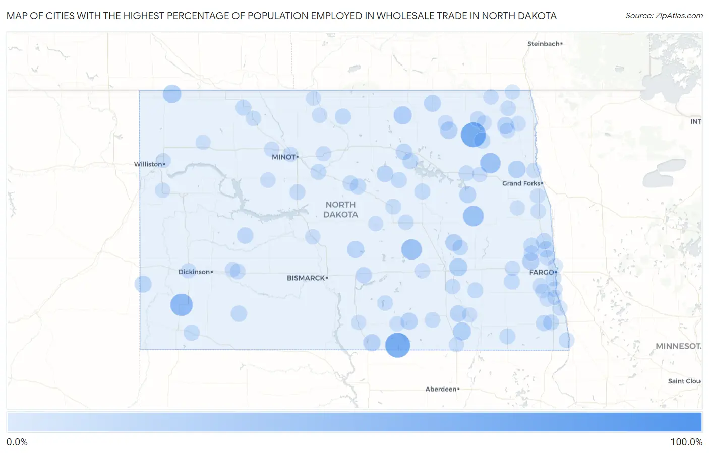 Cities with the Highest Percentage of Population Employed in Wholesale Trade in North Dakota Map