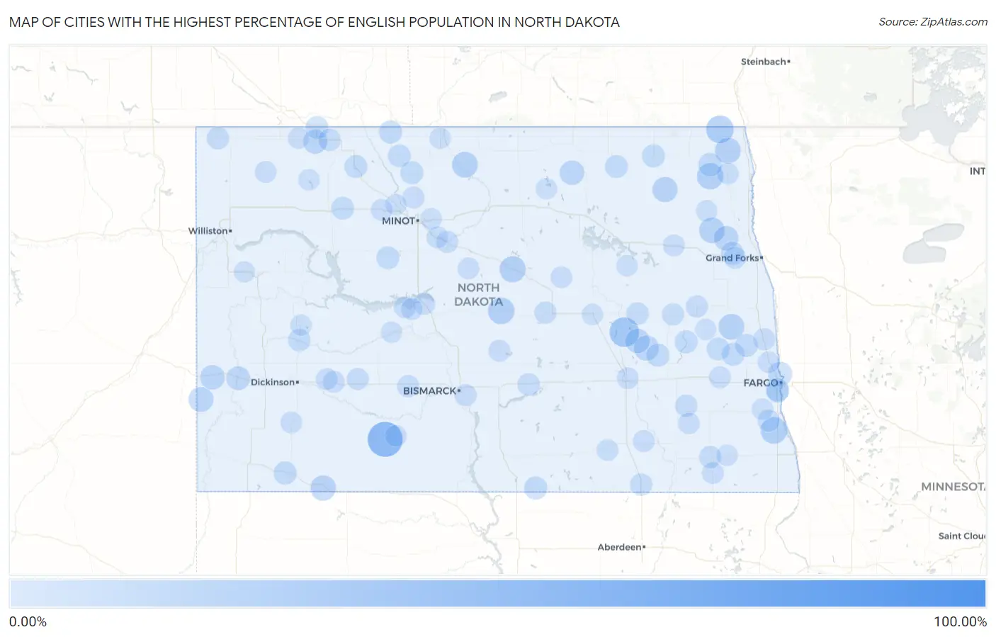 Cities with the Highest Percentage of English Population in North Dakota Map