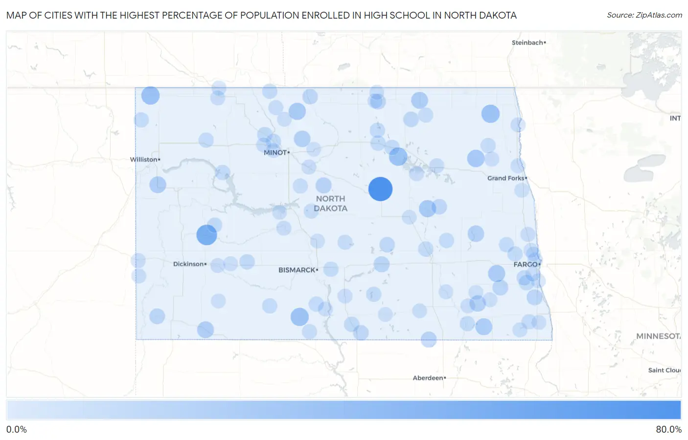 Cities with the Highest Percentage of Population Enrolled in High School in North Dakota Map