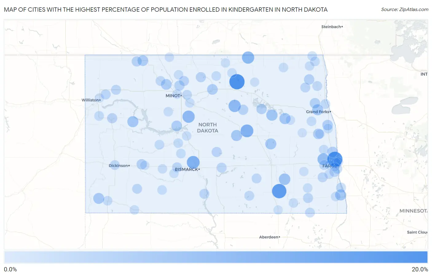 Cities with the Highest Percentage of Population Enrolled in Kindergarten in North Dakota Map
