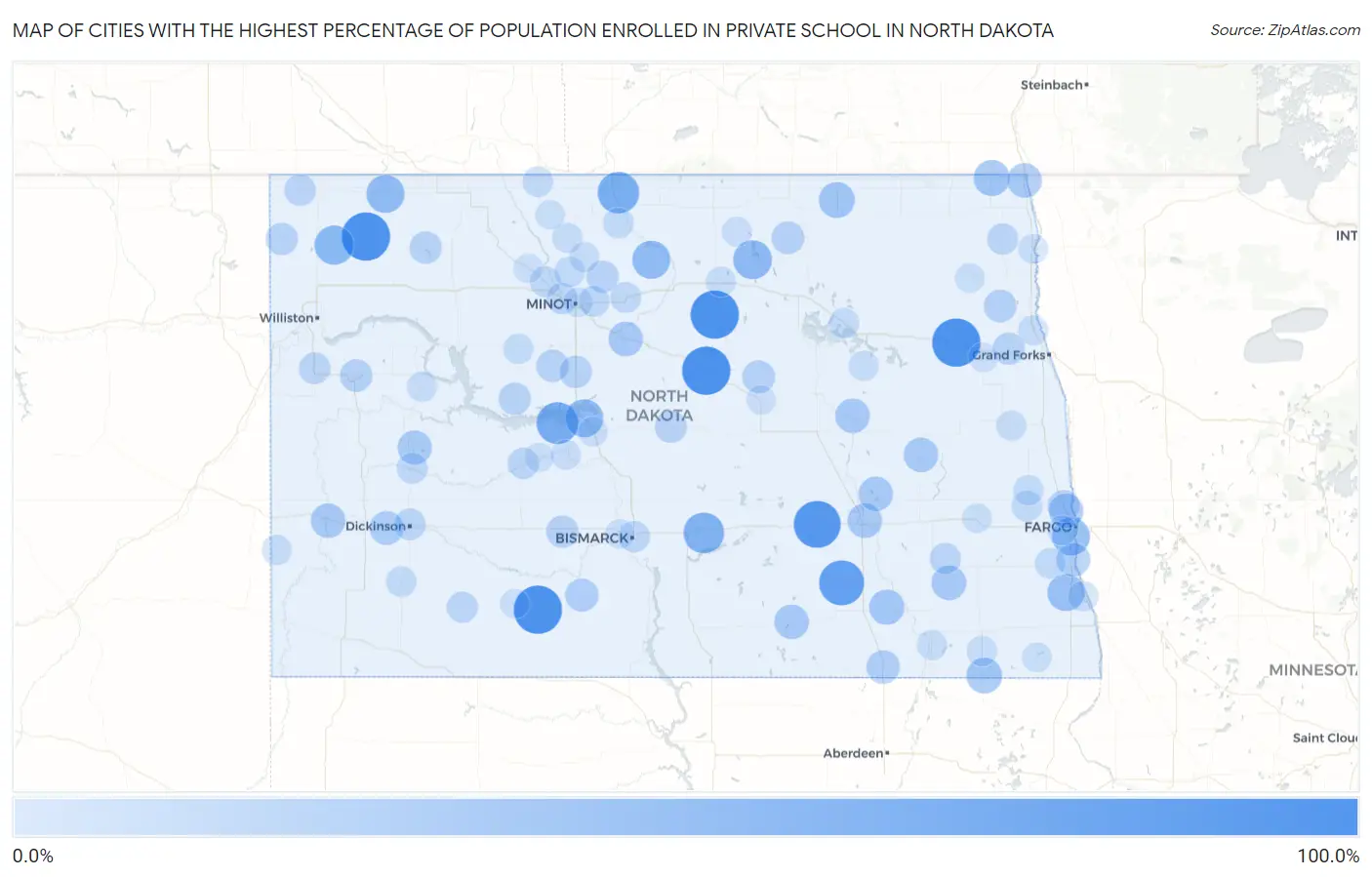 Cities with the Highest Percentage of Population Enrolled in Private School in North Dakota Map